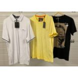 3 mens designer T-shirts - all BNWT. A Ted Baker white polo shirt, Superdry yellow T-shirt and a