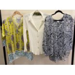 3 ladies branded and designer tops. A cream silk shirt by Patsy Seddon (size 12), a lime green and
