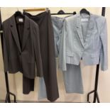 2 women's trouser suits. A pale blue suit by Max Mara with single button jacket (size 14) together