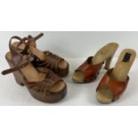 2 pairs of vintage 1970's platform style sandals. A pair of brown leather wedge style sandals