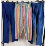2 pairs of vintage 1980's blue stretch satin material trousers together with a pair of vintage