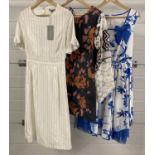 3 womens designer label dresses - 1 BNWT. A blue and white floral print 1950's style dress by Joe