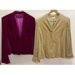 2 women's velvet branded jackets. A pale gold jacket with shirred shoulders and taffeta ruffle