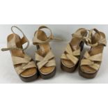 2 pairs of vintage 1970's cream faux leather platform wedge style sandals in a twist front design.