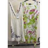 2 women's sleeveless linen cotton dresses. A lime, pink and white floral longline shift dress by
