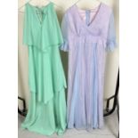 2 vintage 1970's chiffon full length dresses, to include sleeveless green tiered design dress.