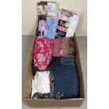 A box of women's & children's vintage and modern clothing to include trousers, jackets & tops.