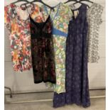 5 women's high street brand dresses and tops. A blue chiffon overlay maxi dress by White Stuff (size
