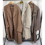 3 men's vintage long length wool overcoats, to include Burberry's and The Two Owls. Some moth