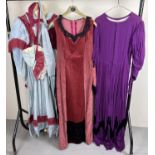3 vintage theatre costume period style dresses, 1 with matching bonnets.