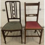2 vintage dark oak bedroom chairs with decorative detail to backs. Both have been reupholstered.
