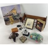 A collection of assorted vintage items to include watch makers magnifying glasses, brass owl