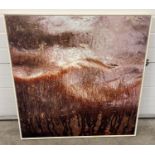 A large modern wooden framed abstract print on brushed aluminium sheet. Approx. 102.5cm x 102.5cm.