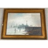 A gilt framed and glazed oil painting of a riverside scene on a misty morning, unsigned. Frame