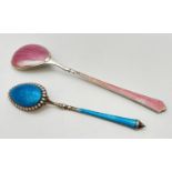 2 vintage Norwegian silver guilloche enamelled spoons. A Marius Hammer coffee spoon with turquoise