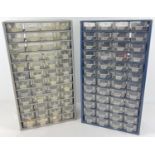2 vintage 48 tray metal workshop screw cabinets. One silver, one blue. Blue cabinet contains a