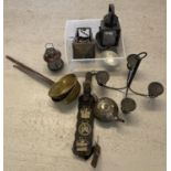 A box of mixed metal ware items. To include: long handled jam pans, horse brasses, silver plated