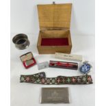 A vintage wooden box together with a collection of assorted vintage items. To include: boxed