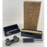 A vintage empty G.R. Hutton & Co Irish Linen sample box, together with a small cased draughtman's