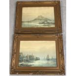 2 gilt framed and glazed vintage nautical prints depicting costal scenes with small fishing boats.