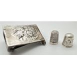 2 vintage silver thimbles together with a hallmarked silver matchbox cover with cherub detail (