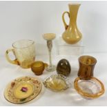 A collection of vintage and art glass items in amber and brown tones. To include: twist stemmed