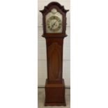 A vintage mahogany cased Tempus Fugit Grandmother clock with shaped top. Engraved detail to metal