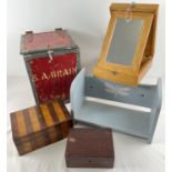 A collection of assorted vintage wooden items, to include writing boxes, vanity box with mirrored