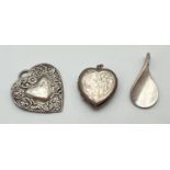 3 vintage and modern silver pendants. A modern 925 silver teardrop shaped twist design pendant; a