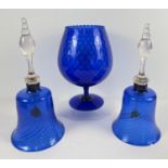 3 large vintage pieces of blue glass. An oversized brandy glass together with 2 decorative bell