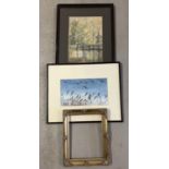 2 framed and glazed watercolours together with a modern gilt wood picture frame. A vintage