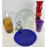 8 large pieces of clear and coloured Art glass. To include tall vase in the form of a bamboo stem,