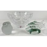 3 pieces of Swedish clear glass. A large heavy fruit bowl by Orrefors with etched name and numbers