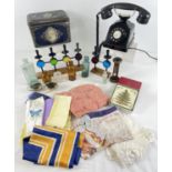 A box of assorted vintage misc items to include Colmans Mustard tin, antique glass bottles, lace and