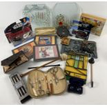 A box of mixed misc items. To include: painted glass panels, Star wars boxed diecast cars, vintage