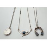 3 vintage silver pendant necklaces. A 925 silver horseshoe pendant set with onyx squares, stamped to