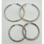 2 pairs of 925 silver hooped earrings, both stamped on posts. A pair of 3.75cm diameter hoops with