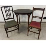 3 items of Edwardian dark oak furniture. 2 bedroom chairs together with an oval topped occasional