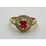 A 18ct gold dress ring set with a central round cut .25 carat ruby and 26 baguette cut diamonds.