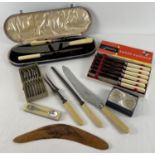 A collection of assorted vintage items, mostly cutlery. To include: cased Art Deco carving set,