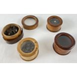 5 vintage glass topped treen matchmakers pots containing various watch parts. Largest approx. 4cm