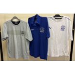 3 Everton football T-shirts to include, blue Umbro shirt (size S), a white Puma shirt (size S) and a