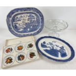 2 large vintage blue & white ceramic meat plates, to include Booth's "Real Old Willow". Together