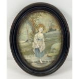 An antique embroidery on silk oval shaped picture featuring a young girl in the river. In period