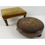 2 antique footstools. A wooden framed circular stool raised on tripod ceramic bun feet and with
