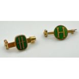 2 vintage gold tone and green enamel Harrod's senior staff lapel badges. Both approx. 2cm long.