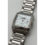 A men's wristwatch with stainless steel strap by Jeep. square silver tone case with white face and