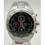 A men's 190056 chronograph wristwatch by Pulsar. stainless steel strap and case. Black face with