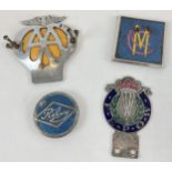 4 vintage metal car badges. Comprising; AA badge, Riley, Motor Car Company and a Far East
