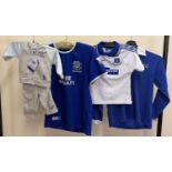 3 childrens Everton FC t-shirts together with a babies 3 piece tracksuit (complete with tag).